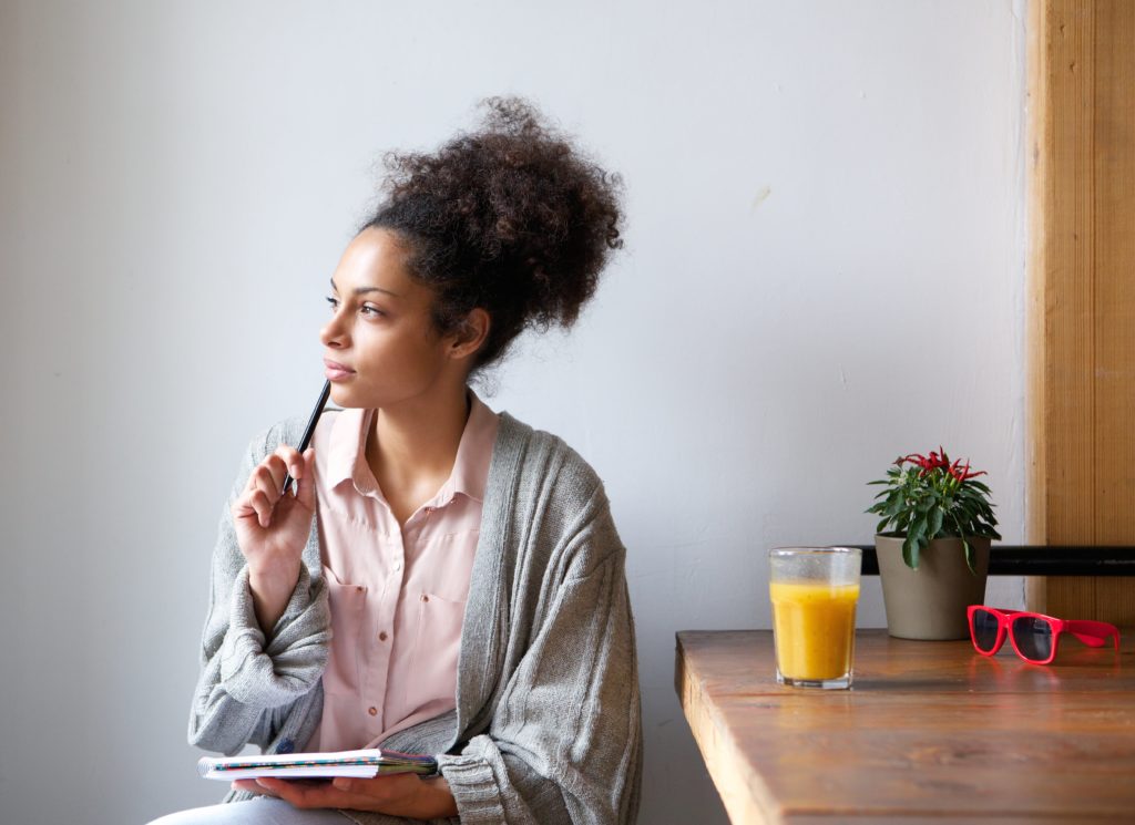 a woman thinking deeply